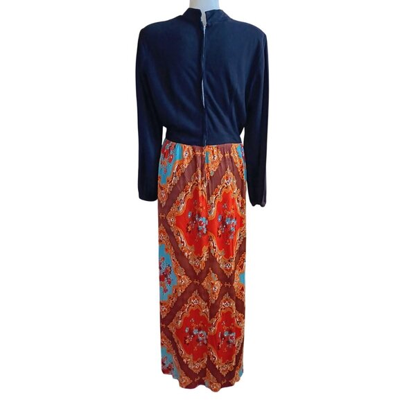 Vintage 12 Maxi Dress 1970's Floral Diamond Pattern Keyhole Neckline Acetate - Picture 5 of 7